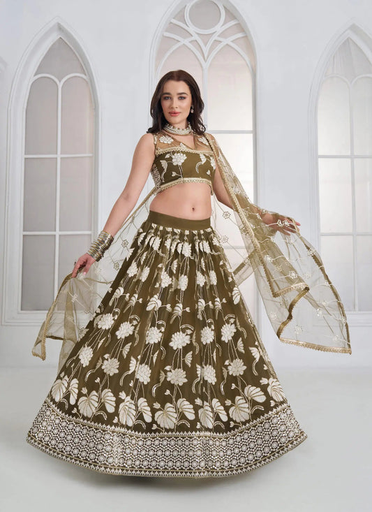 Olive Green Embroidered Lehenga Choli