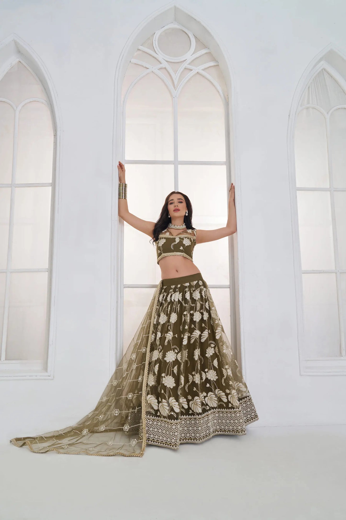 Olive Green Embroidered Lehenga Choli