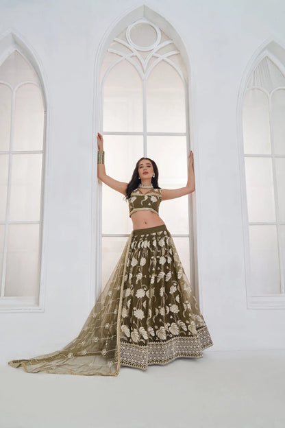 Olive Green Embroidered Lehenga Choli