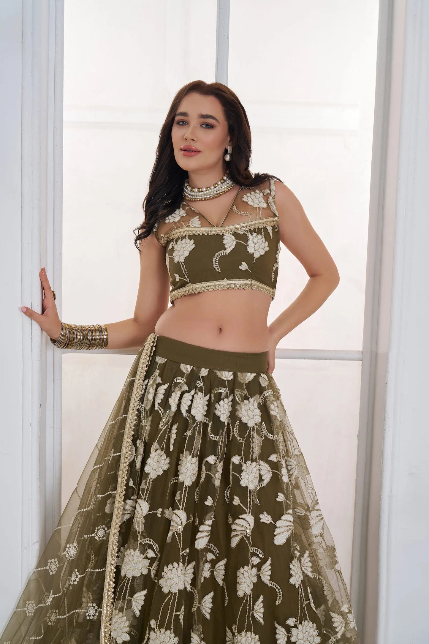 Olive Green Embroidered Lehenga Choli