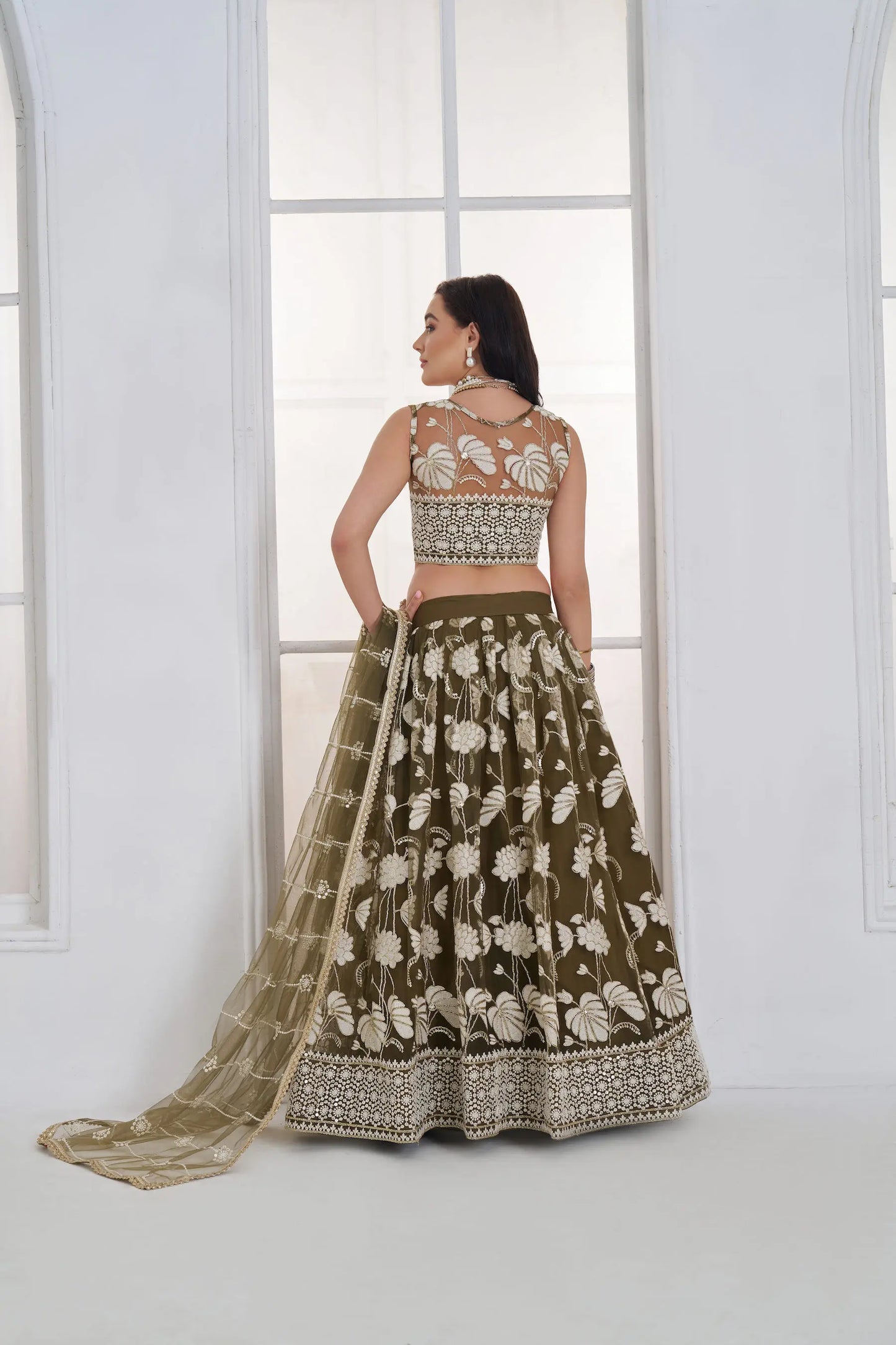 Olive Green Embroidered Lehenga Choli