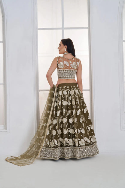 Olive Green Embroidered Lehenga Choli