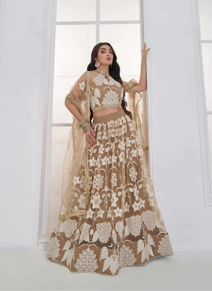 Dark Beige Embroidered Lehenga Choli