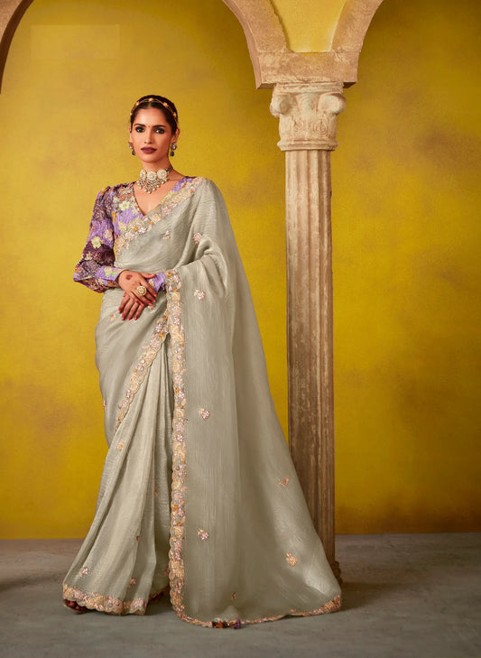 Grey Glass Tissue Saree With Digital Print,  Sequence & Thread Embroidery Work