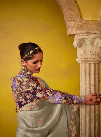 Grey Glass Tissue Saree With Digital Print,  Sequence & Thread Embroidery Work