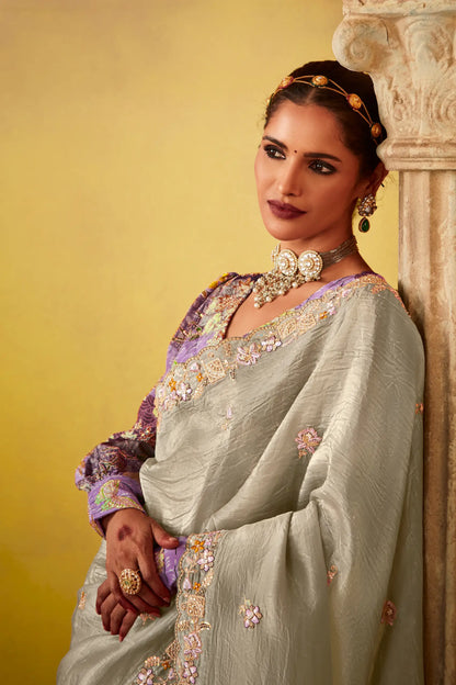 Grey Glass Tissue Saree With Digital Print,  Sequence & Thread Embroidery Work