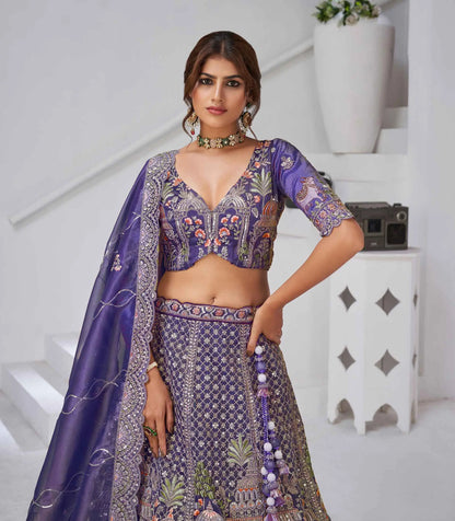 Bluish Purple Bridal Lehenga With Temple & Cow Motifs