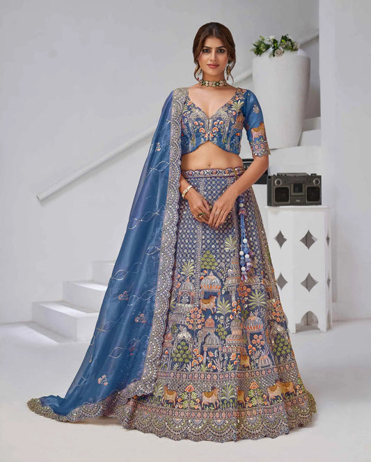 Dusty Blue Bridal Lehenga With Temple & Cow Motifs