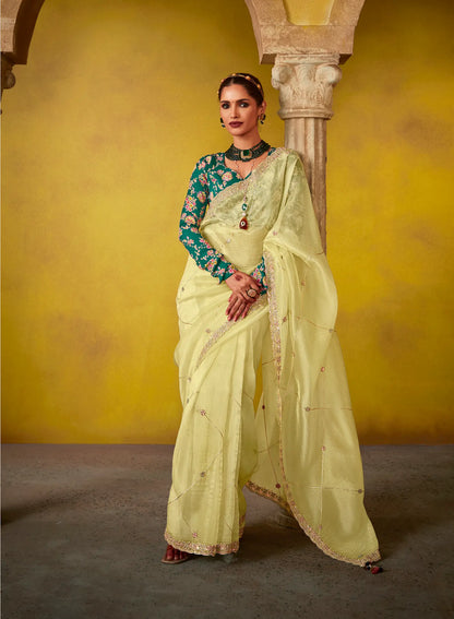 Lime Yellow Glass Tissue Saree With Digital Print,  Sequence & Thread Embroidery Work