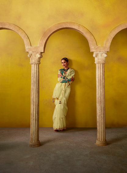 Lime Yellow Glass Tissue Saree With Digital Print,  Sequence & Thread Embroidery Work
