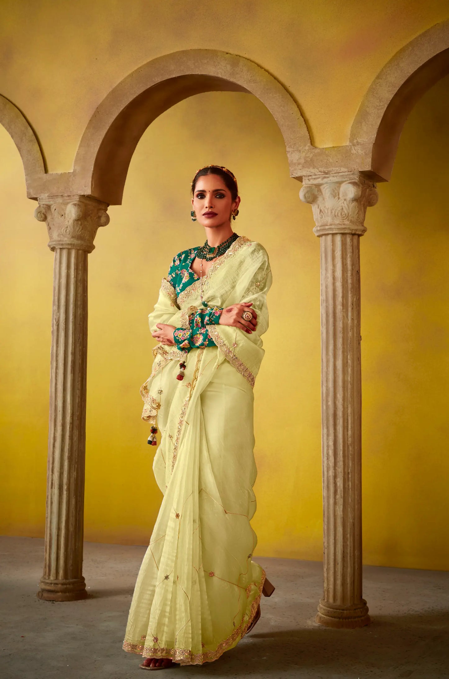 Lime Yellow Glass Tissue Saree With Digital Print,  Sequence & Thread Embroidery Work