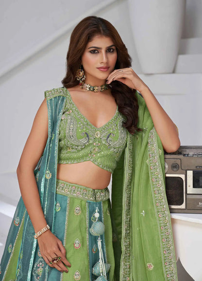Iguana Green Lehenga With 2 Dupatta & Zari-Resham Work