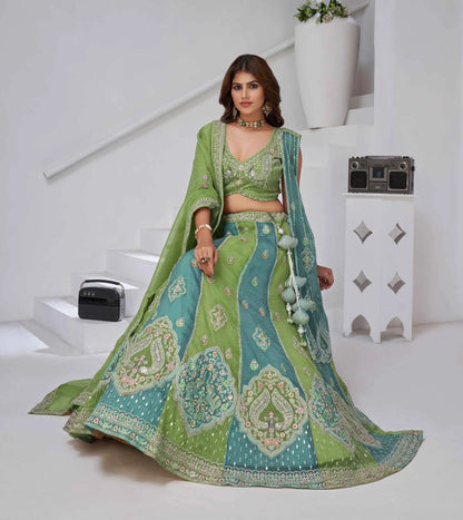 Iguana Green Lehenga With 2 Dupatta & Zari-Resham Work