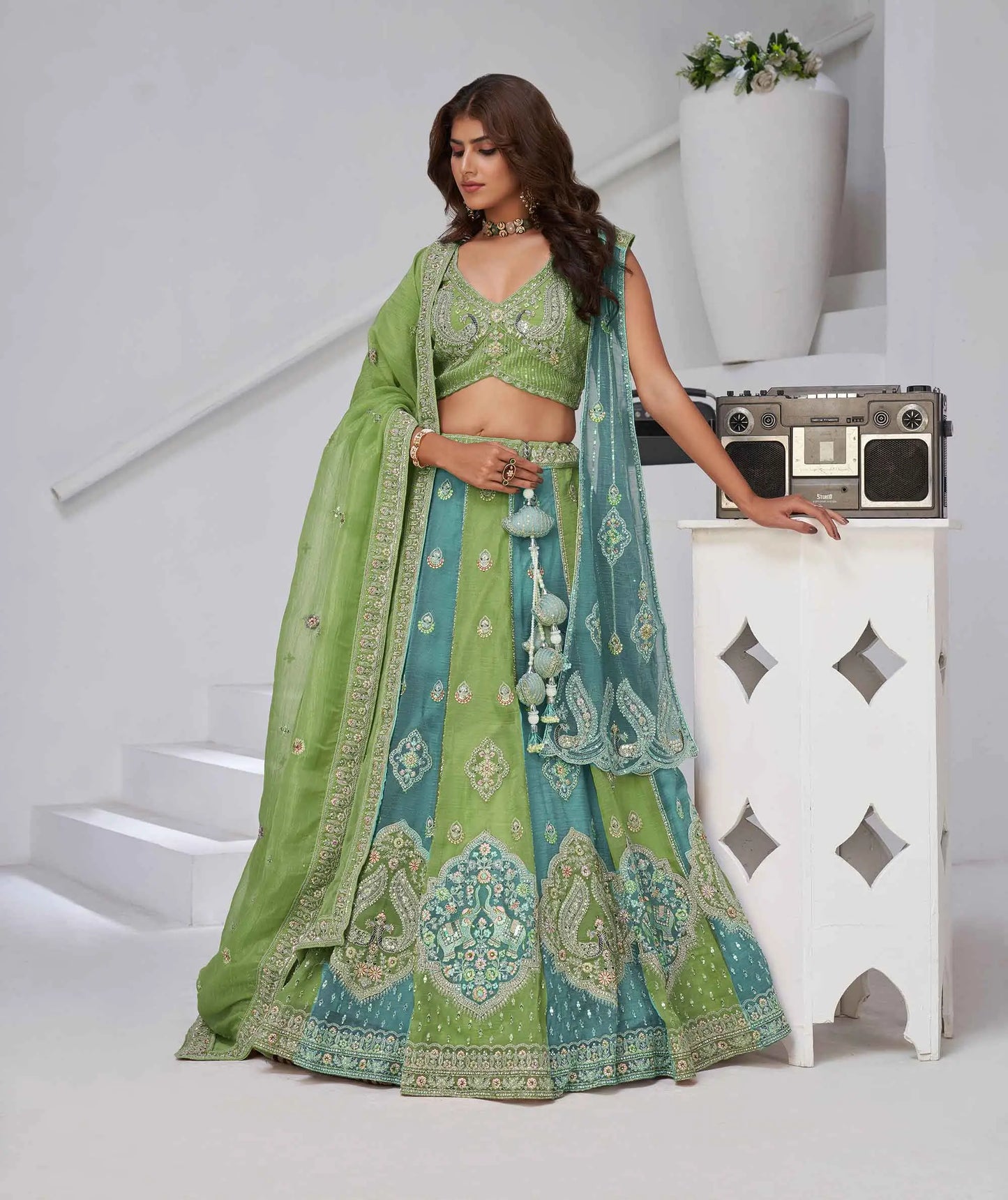 Iguana Green Lehenga With 2 Dupatta & Zari-Resham Work