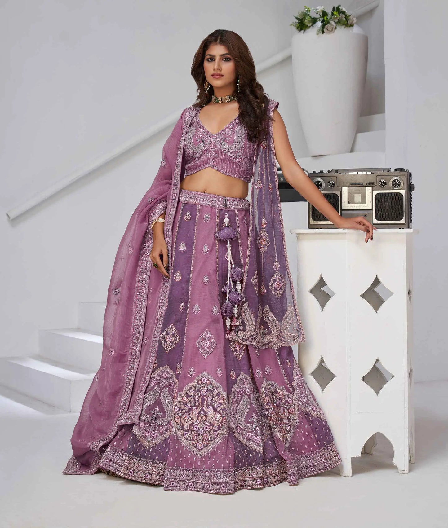 Mauve Purple Lehenga Zari-Resham Work With 2 Dupatta