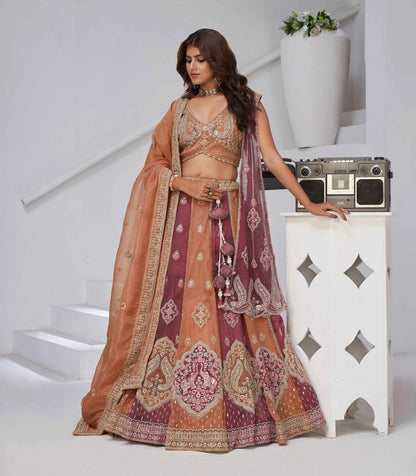 Rust Lehenga With 2 Dupatta & Elephant Peacock Motifs