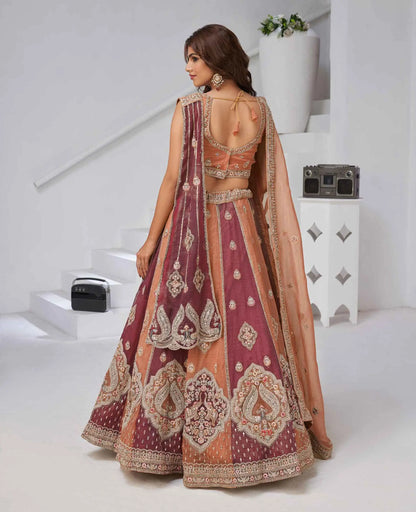 Rust Lehenga With 2 Dupatta & Elephant Peacock Motifs
