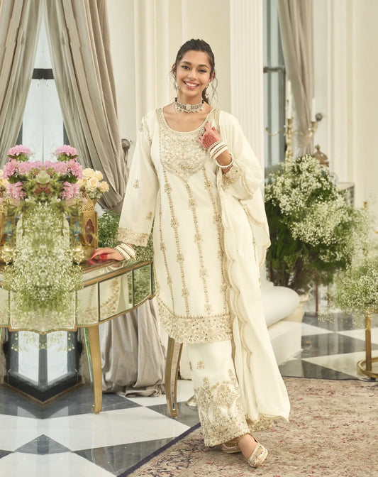 Antique White Chinon Embroidered Salwar Suit