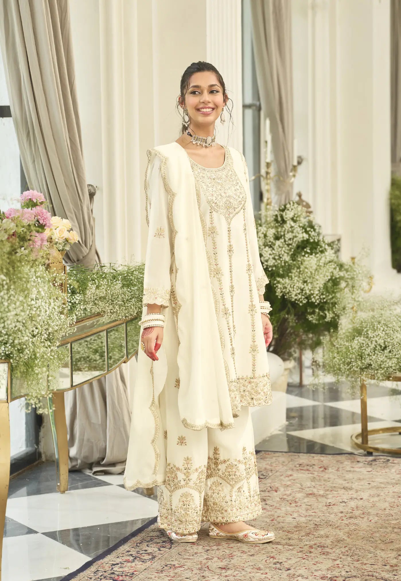 Antique White Chinon Embroidered Salwar Suit