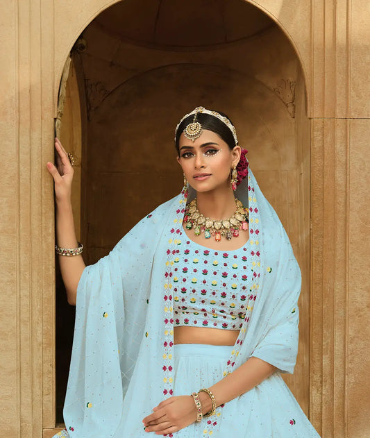 Sky Blue Georgette Thread with Sequence Embroidery Work Lehenga Choli
