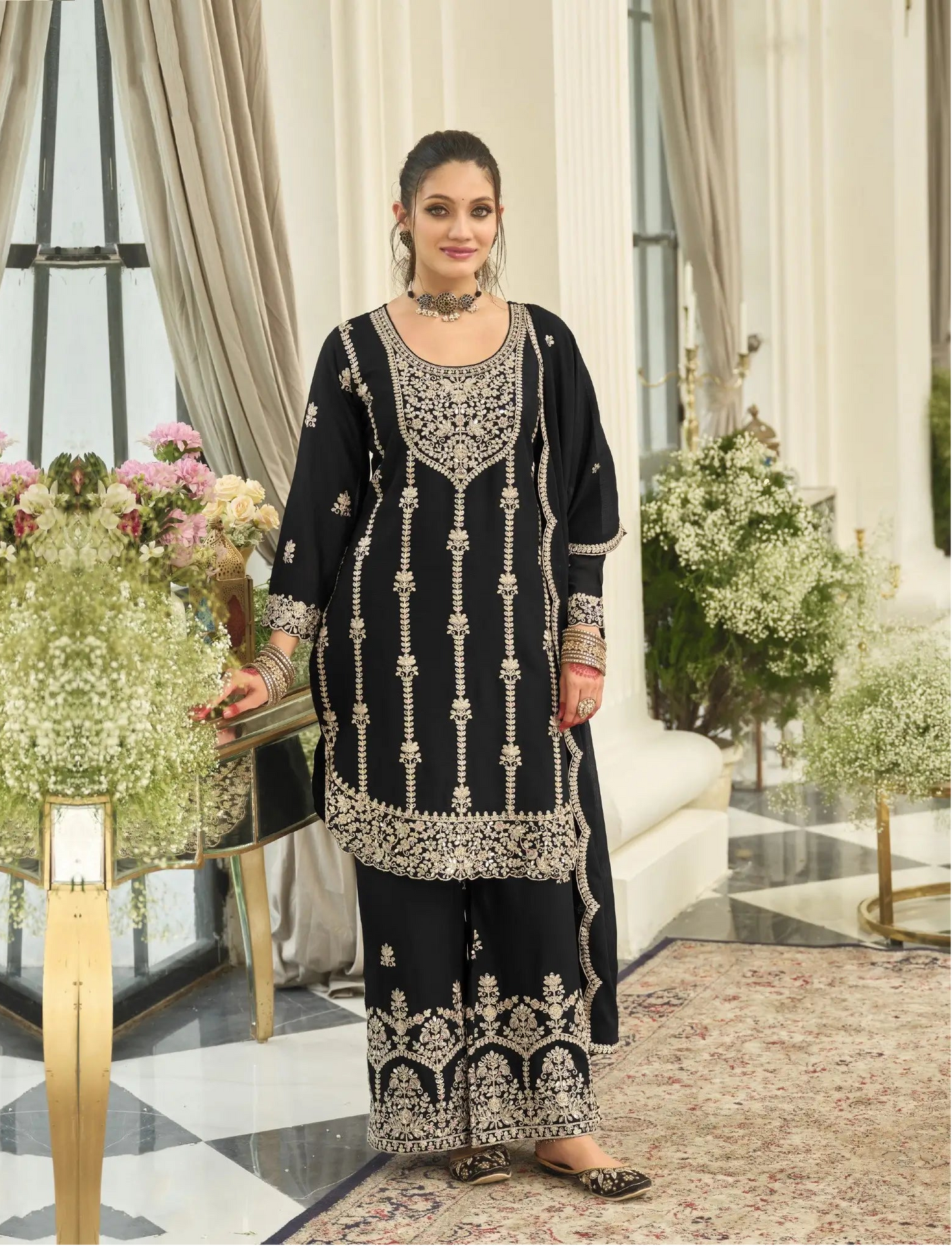 Smoky Black Chinon Embroidered Salwar Suit