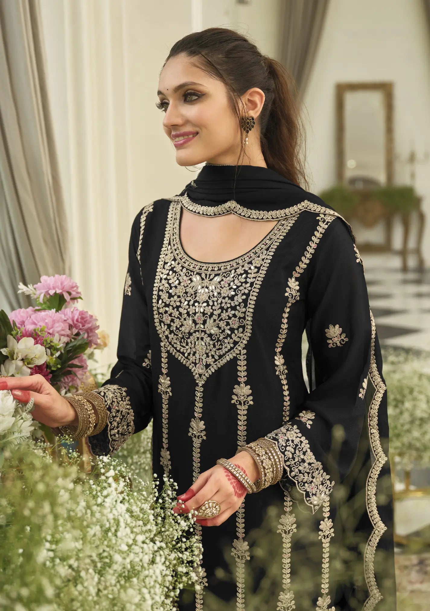 Smoky Black Chinon Embroidered Salwar Suit