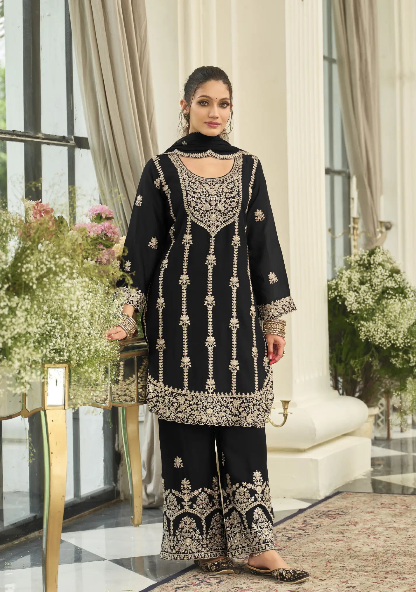 Smoky Black Chinon Embroidered Salwar Suit