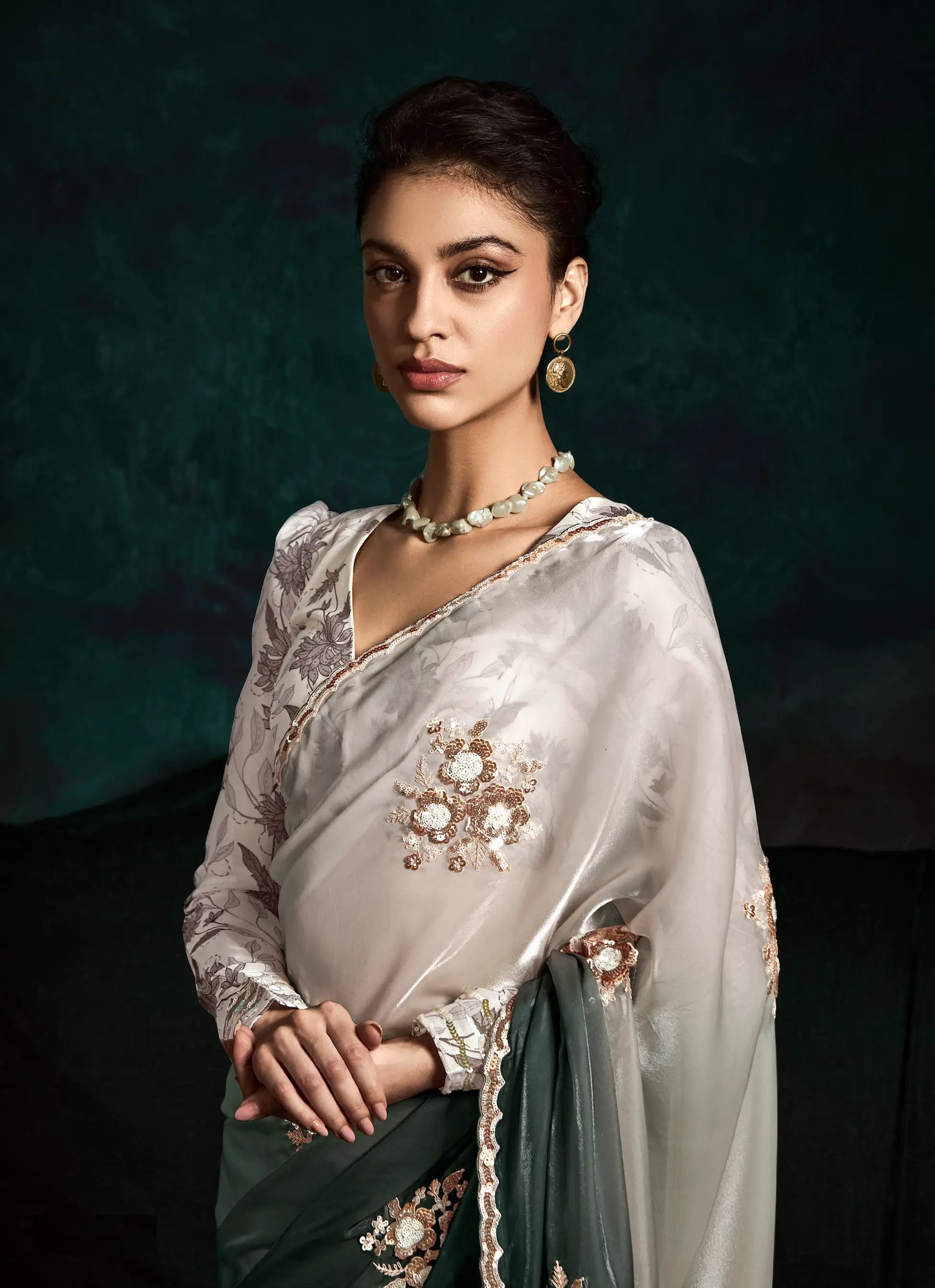 Shaded Glass Organza Saree With Digital Print,  Sequence & Thread Embroidery Work