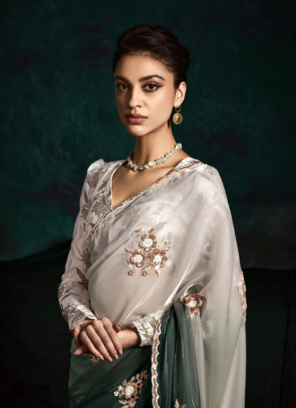 Shaded Glass Organza Saree With Digital Print,  Sequence & Thread Embroidery Work