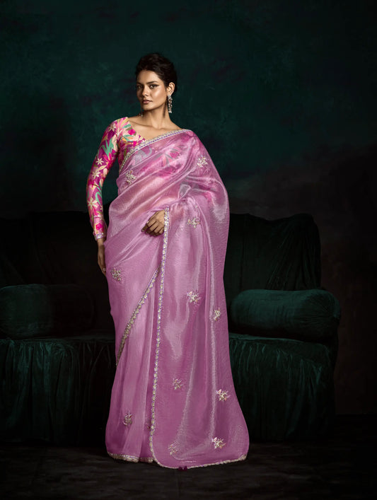 Blush Pink Glass Organza Saree With Digital Print,  Sequence & Thread Embroidery Work