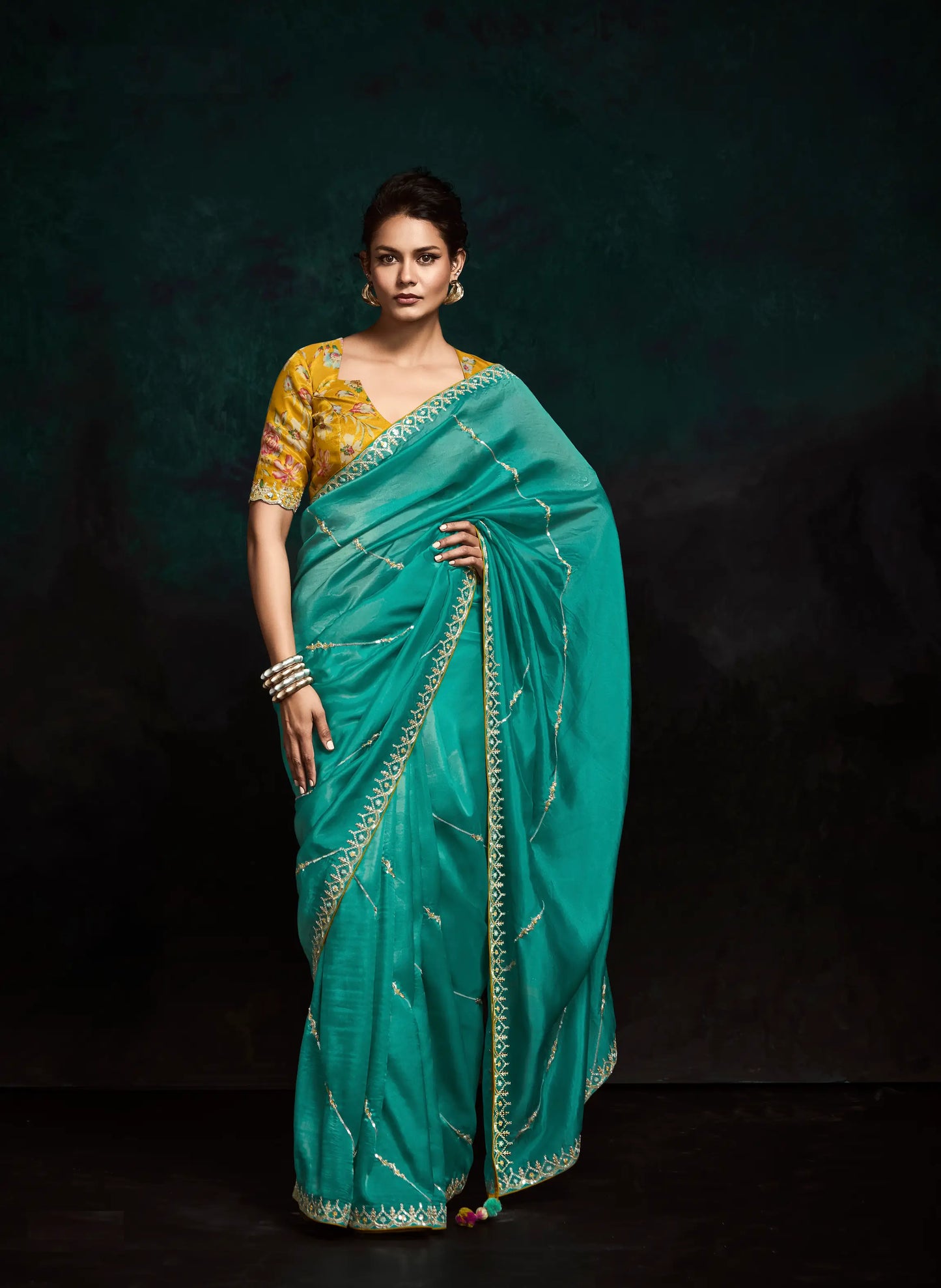 Teal Green Glass Organza Saree With Digital Print,  Sequence & Thread Embroidery Work