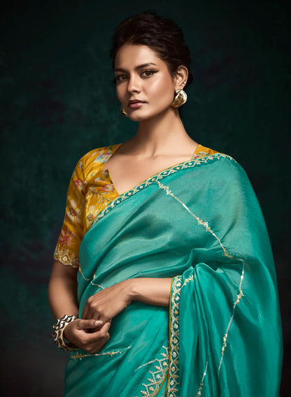 Teal Green Glass Organza Saree With Digital Print,  Sequence & Thread Embroidery Work