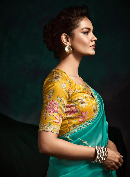 Teal Green Glass Organza Saree With Digital Print,  Sequence & Thread Embroidery Work