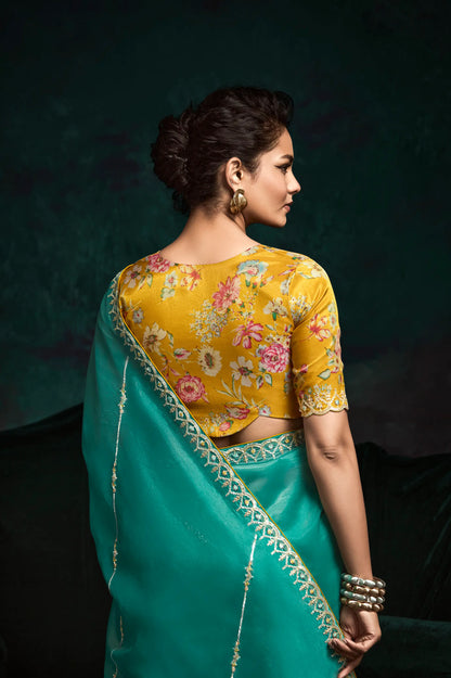 Teal Green Glass Organza Saree With Digital Print,  Sequence & Thread Embroidery Work