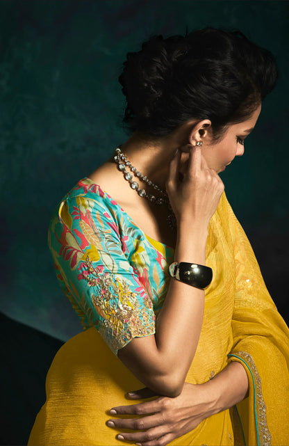 Yellow Glass Organza Saree With Digital Print,  Sequence & Thread Embroidery Work