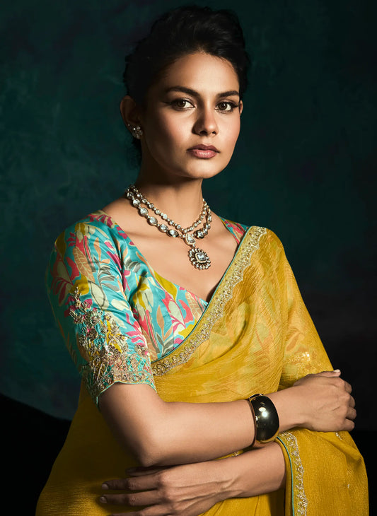 Yellow Glass Organza Saree With Digital Print,  Sequence & Thread Embroidery Work