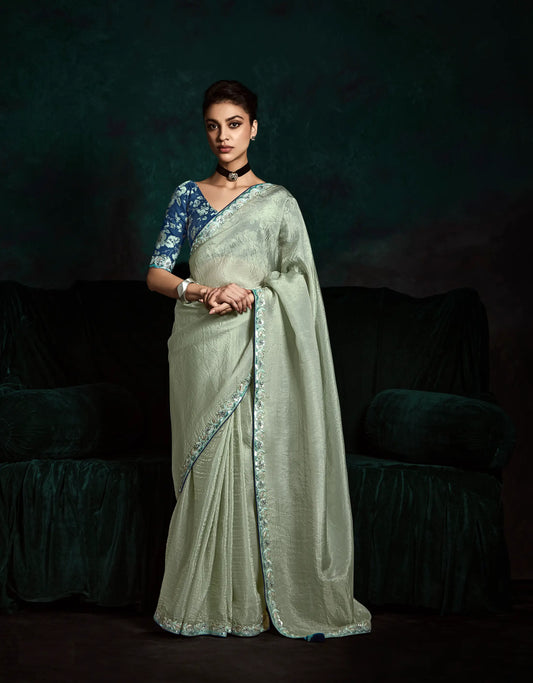 Pastel Grey Glass Organza Saree With Digital Print,  Sequence & Thread Embroidery Work
