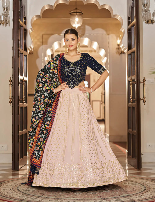 Light Pink-Navy Georgette Thread with Sequence Embroidery Work Lehenga Choli