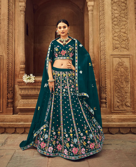 Teal Blue Georgette Thread with Sequence Embroidery Work Lehenga Choli