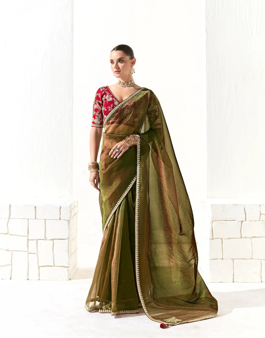 Olive Green Organza Saree Blouse With Heavy Embroidery work