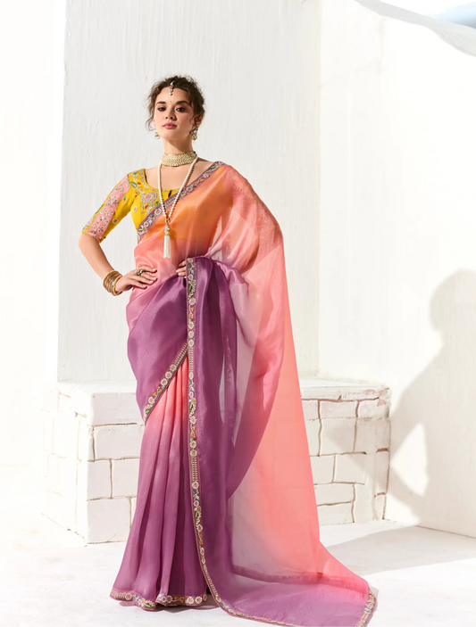 Peach-Lavender Shaded Organza Saree Blouse With Heavy Embroidery work