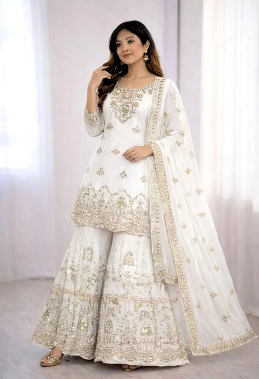 Pearl White Georgette Embroidery Salwar Suit