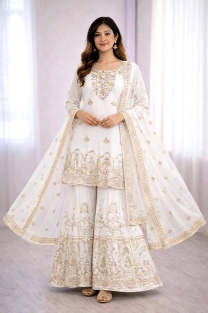Pearl White Georgette Embroidery Salwar Suit