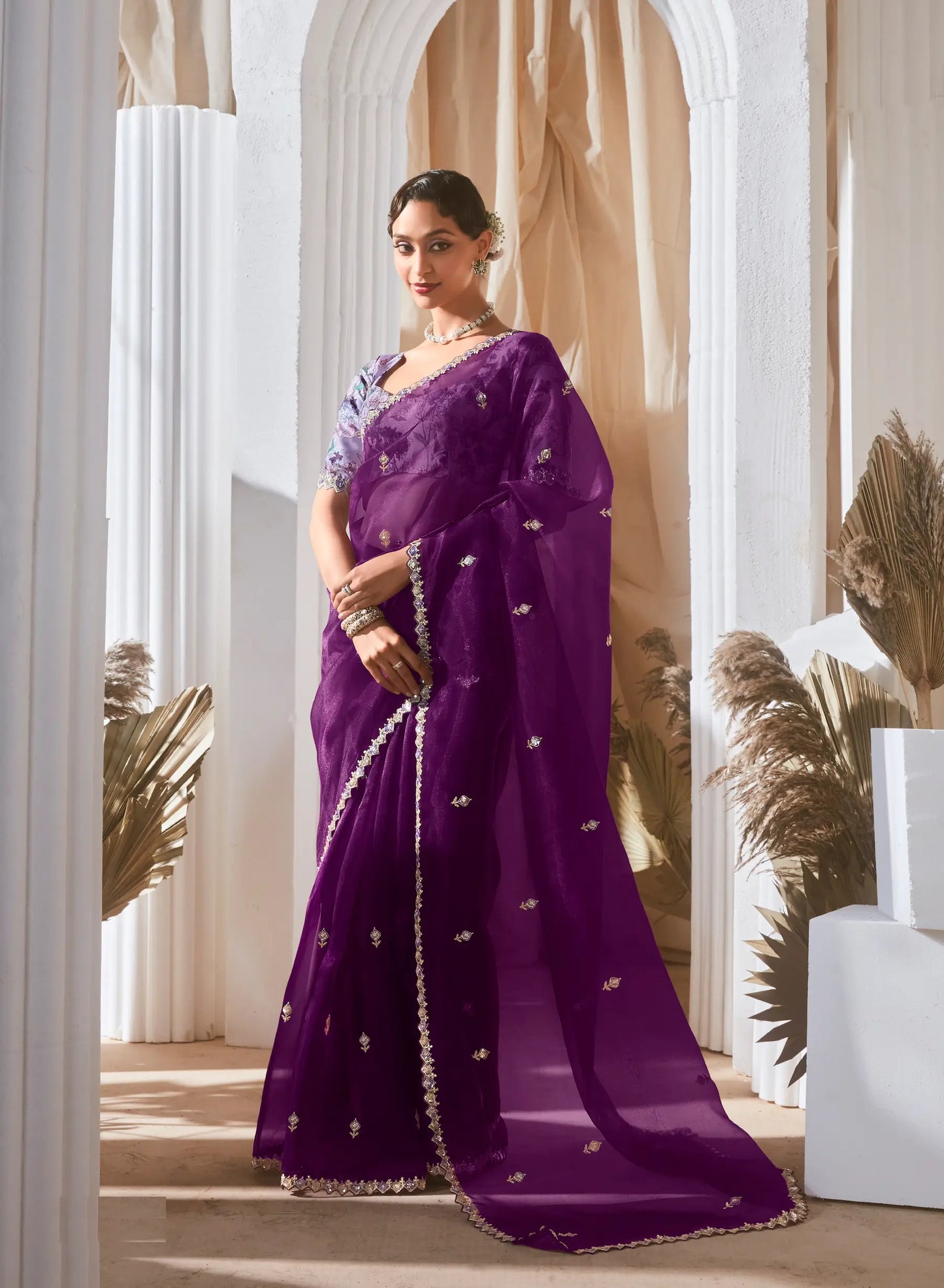 Deep Purple Fancy Tissue Embroidery Work Saree