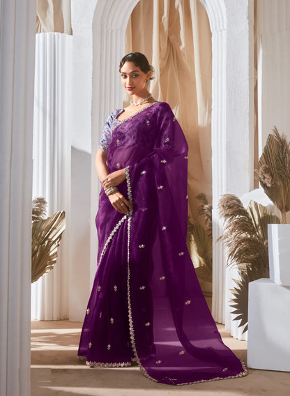 Deep Purple Fancy Tissue Embroidery Work Saree