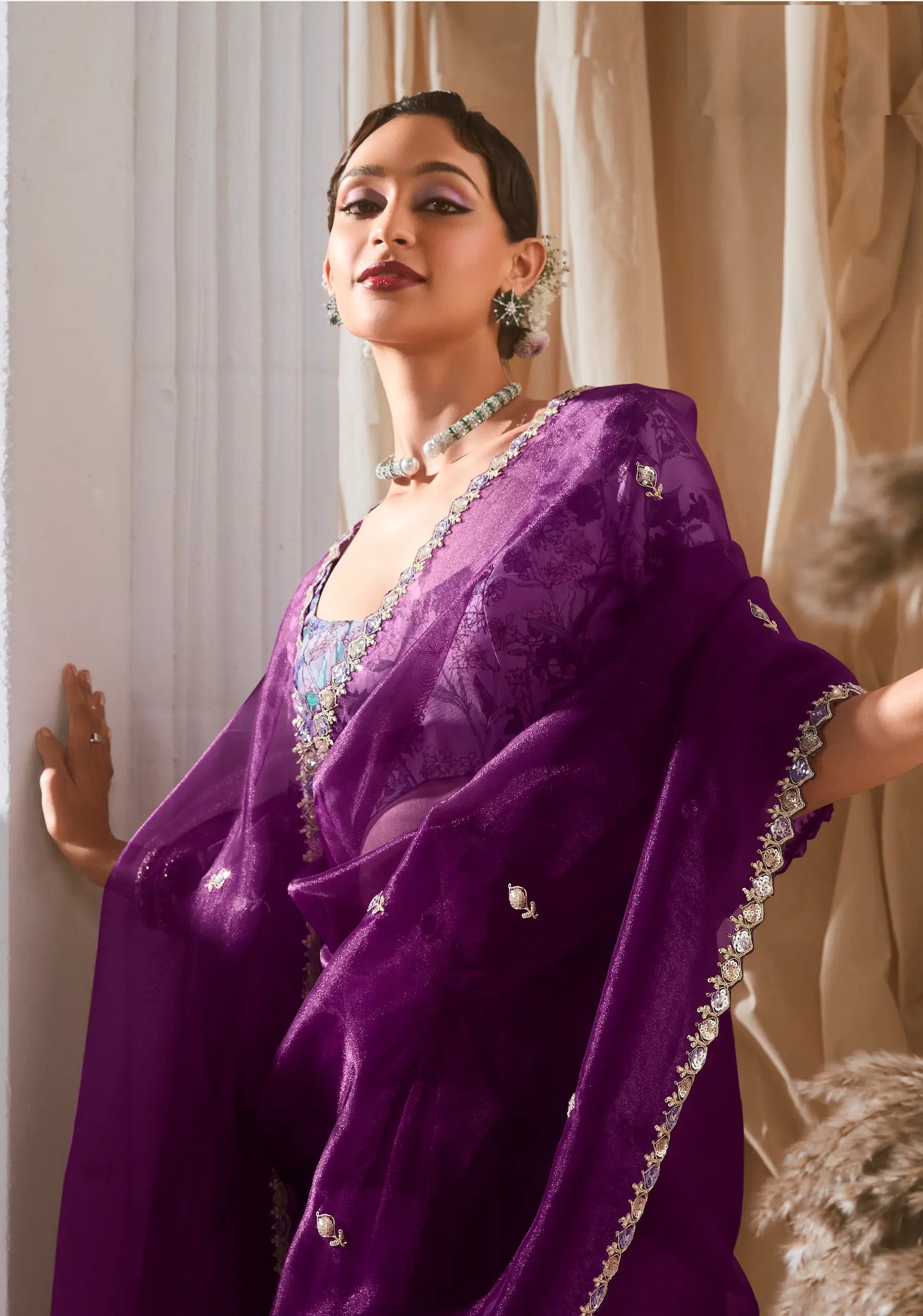 Deep Purple Fancy Tissue Embroidery Work Saree