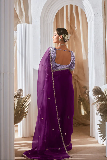 Deep Purple Fancy Tissue Embroidery Work Saree