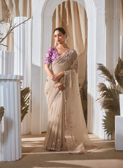 Beige Fancy Tissue Embroidery Work Saree