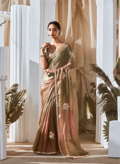 Olive-Brown Shaded Fancy Tissue Embroidery Work Saree