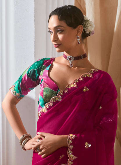 Dark Fuchsia Fancy Tissue Embroidery Work Saree